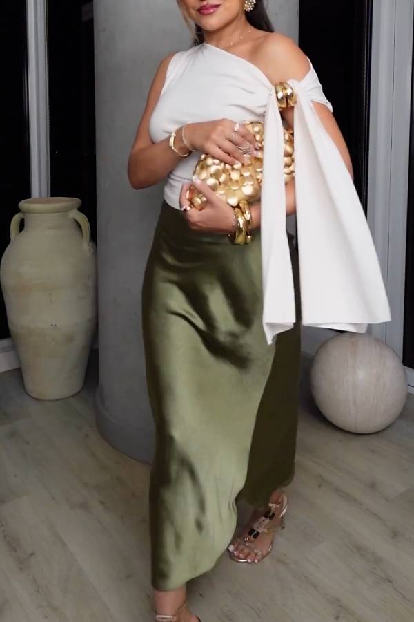 Olive Green Satin Midi Skirt with Side Slit
