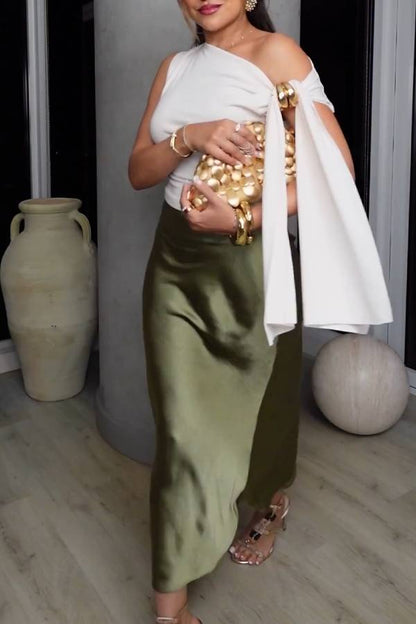 Olive Green Satin Midi Skirt with Side Slit