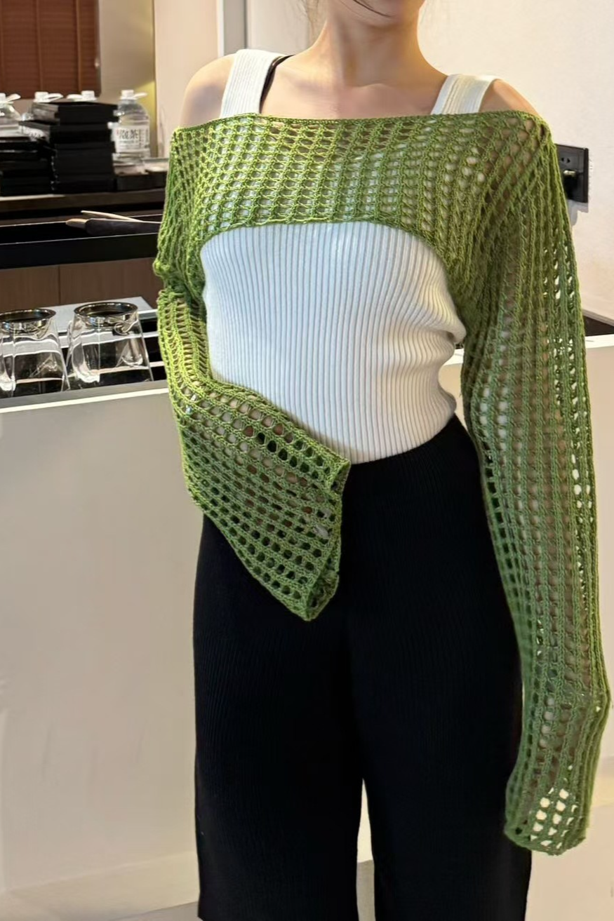 Solid Cutout Sheer Cropped Long Sleeve Crop Top
