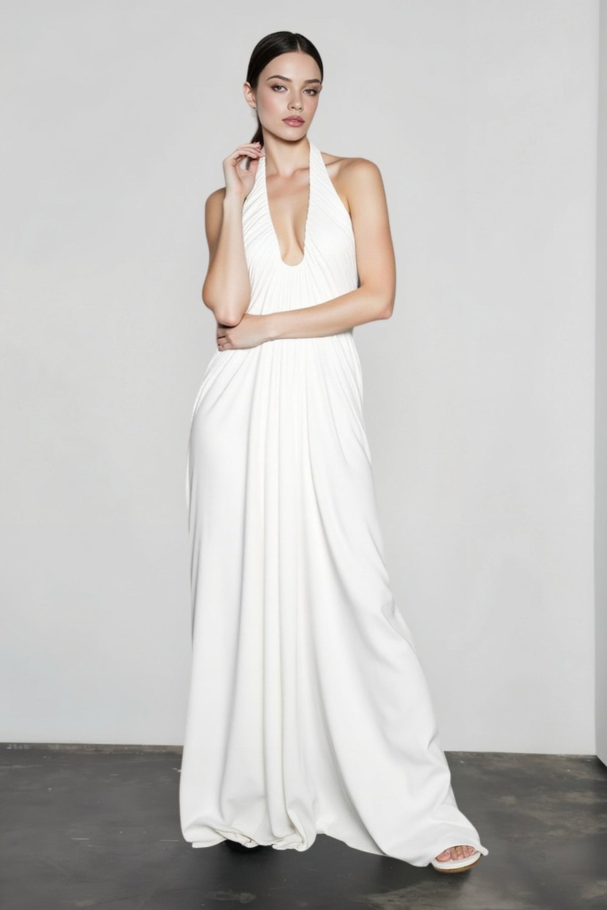 Halter Neck Deep V-Neck Draped Ruched Hip Column Maxi Gown
