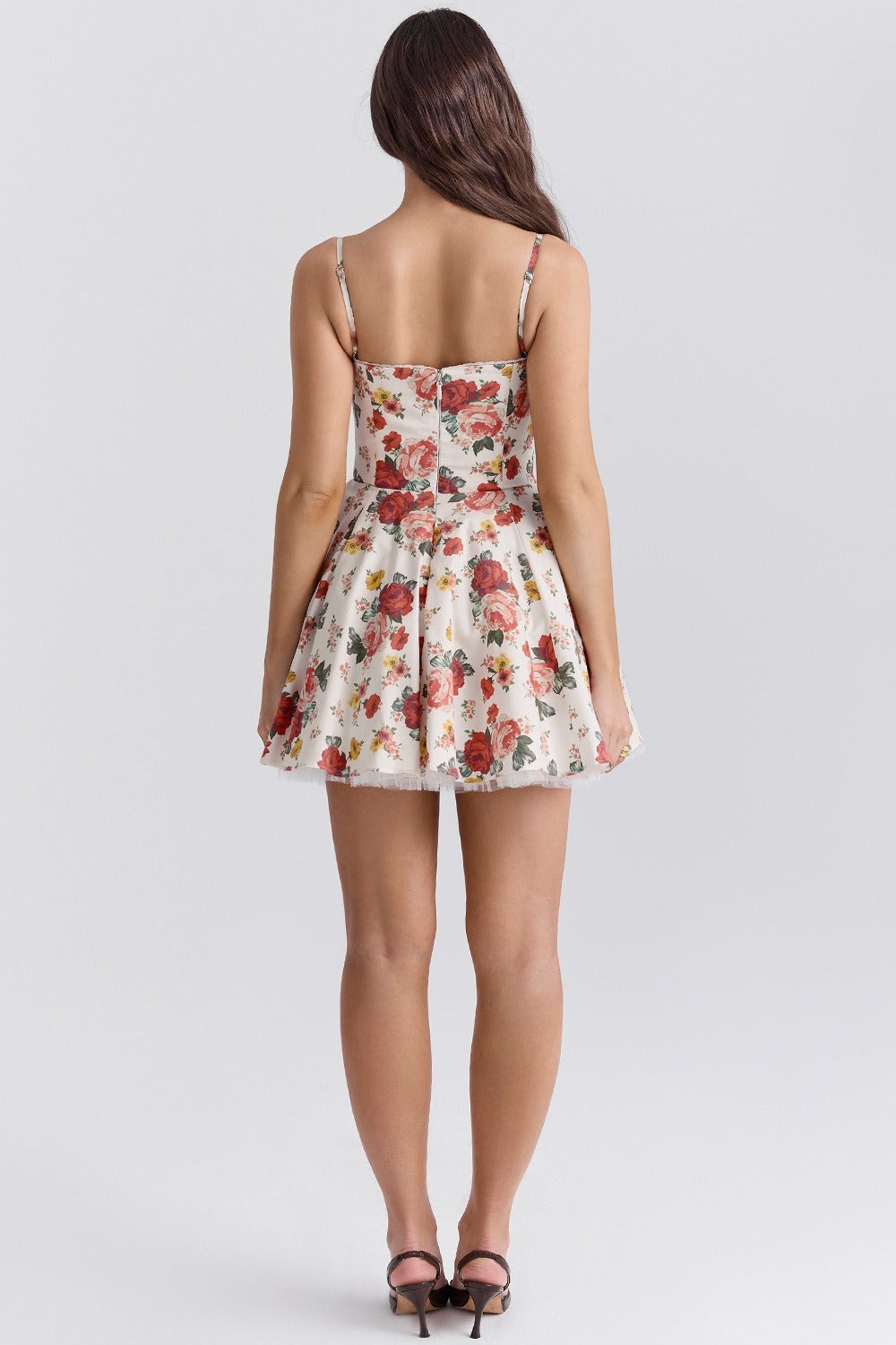 Satin Strap Tulle Puff Lace Trim Mini Floral Dress