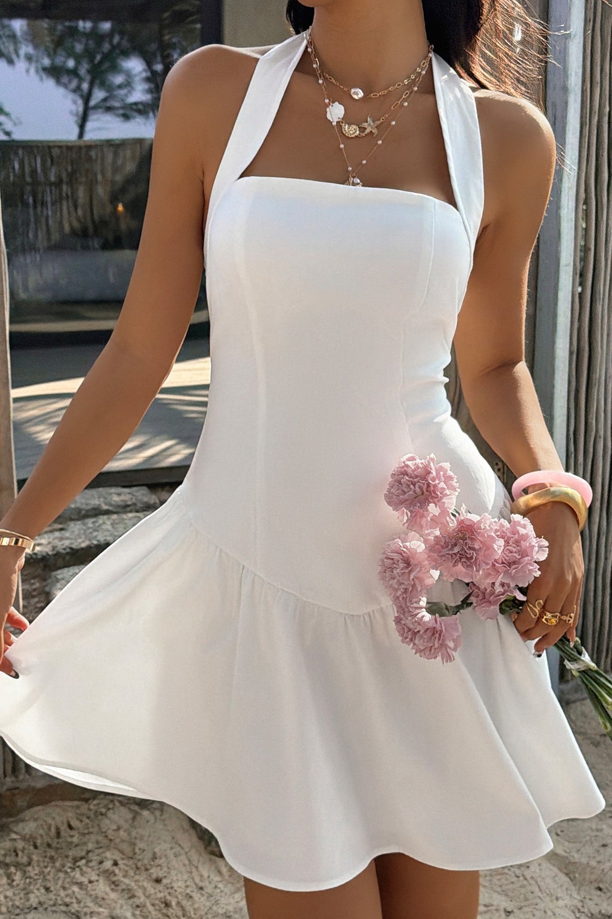 Halter Waist Cinching Ruffled Mini Dress