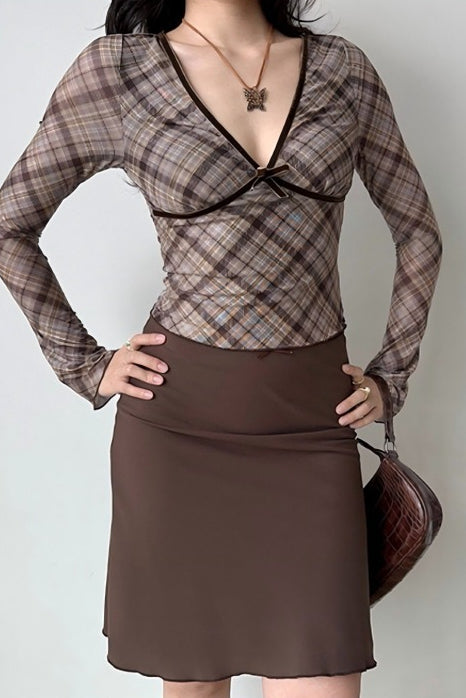 Deep V Neck Plaid Bodycon Cropped Long Sleeve Tee