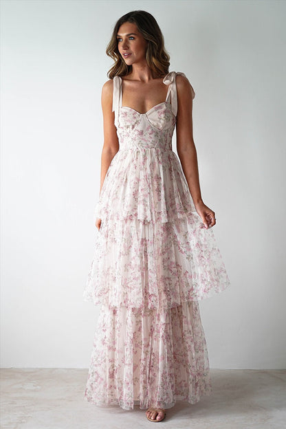 Pink Backless Strap Tiered Floral Dress