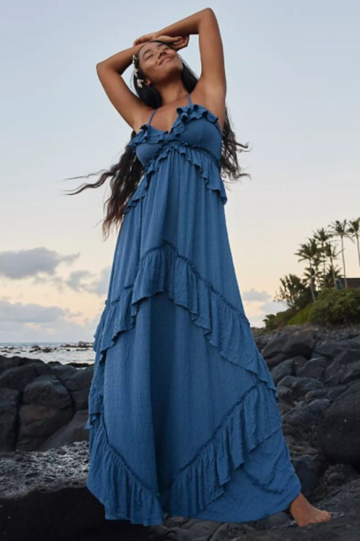 Solid Backless Ruffle Patchwork Boho Dress