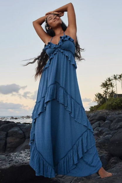 Solid Backless Ruffle Patchwork Boho Dress