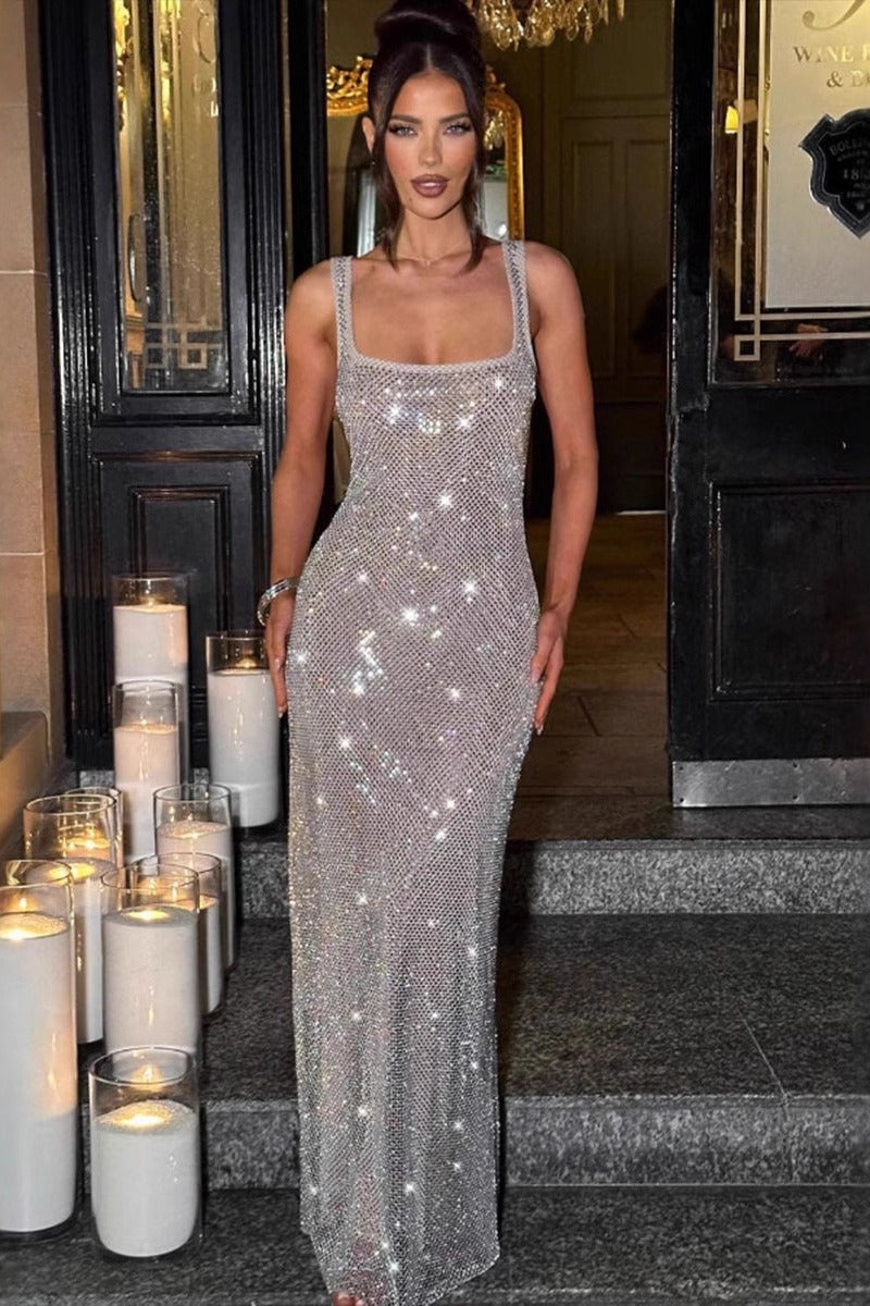 Satin Slip Sequin Evening Prom Dress