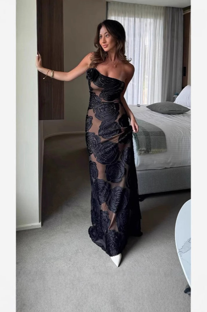 Burnout Spaghetti Strap Asymmetric Floral Formal Dress
