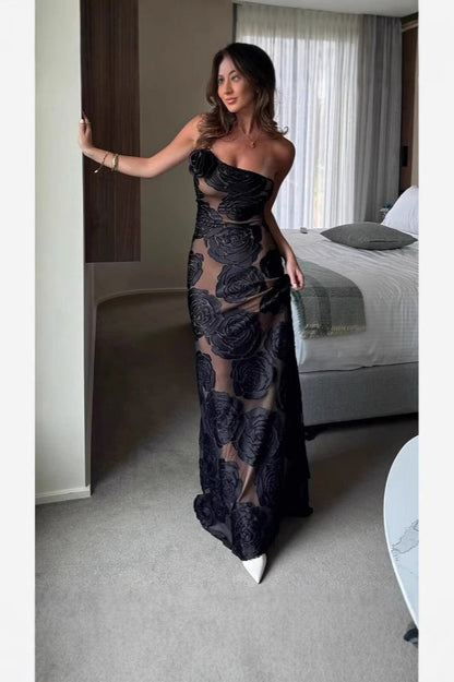 Burnout Spaghetti Strap Asymmetric Floral Formal Dress