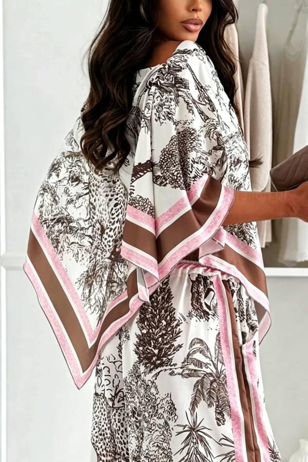 Jungle Themed Satin Unique Print Cape Top and Elastic Waist Pocket Wide Leg Pants Set