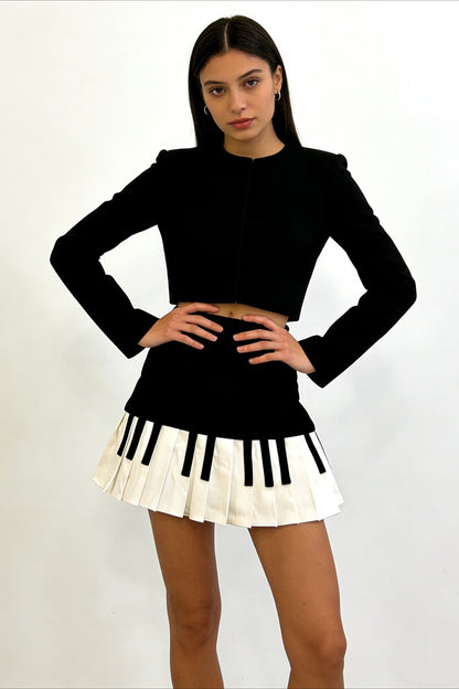 Retro Black White Piano Pleated High Waist Slim Skirt