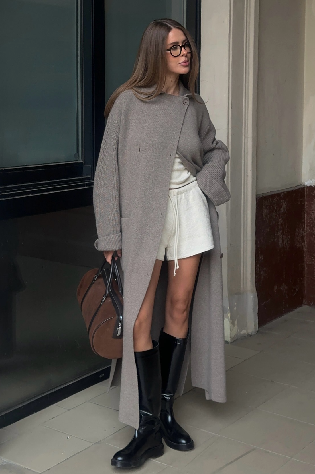 Knitted Blend Notched Lapel Tied Waist Long Overcoat