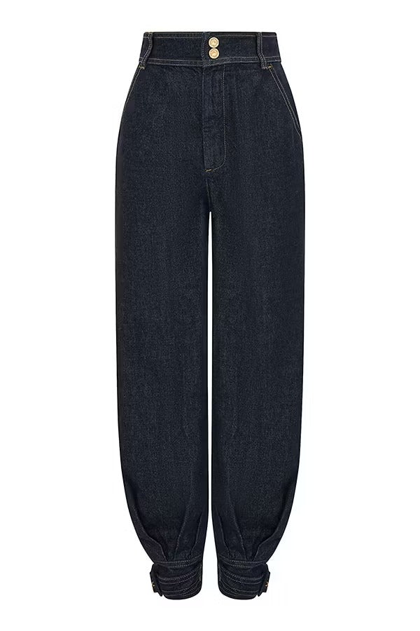 Luna Denim High Rise Pocket Adjustable Buckle Ankle Strap Harem Pants