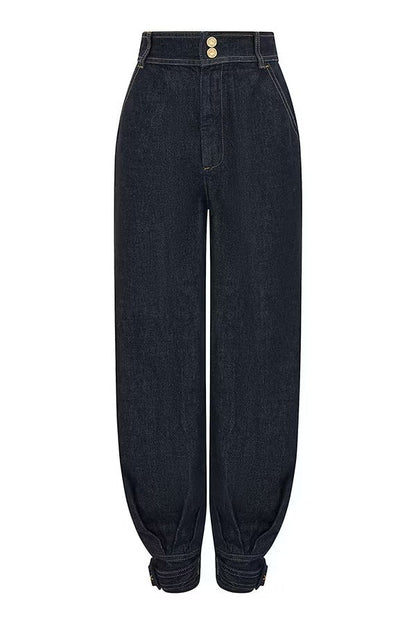 Luna Denim High Rise Pocket Adjustable Buckle Ankle Strap Harem Pants