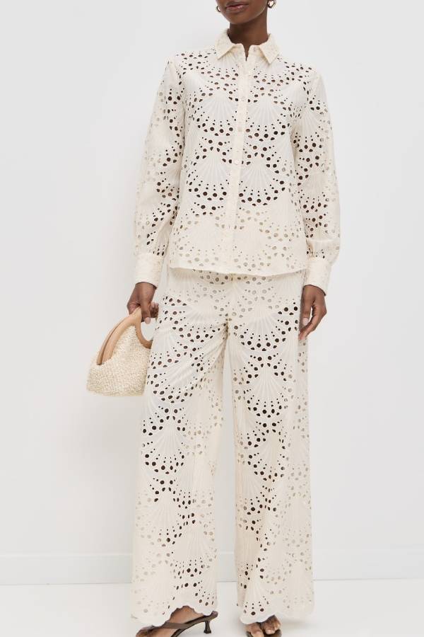 Lillah Embroidered Lace Shell Pattern Long Sleeve Loose Blouse