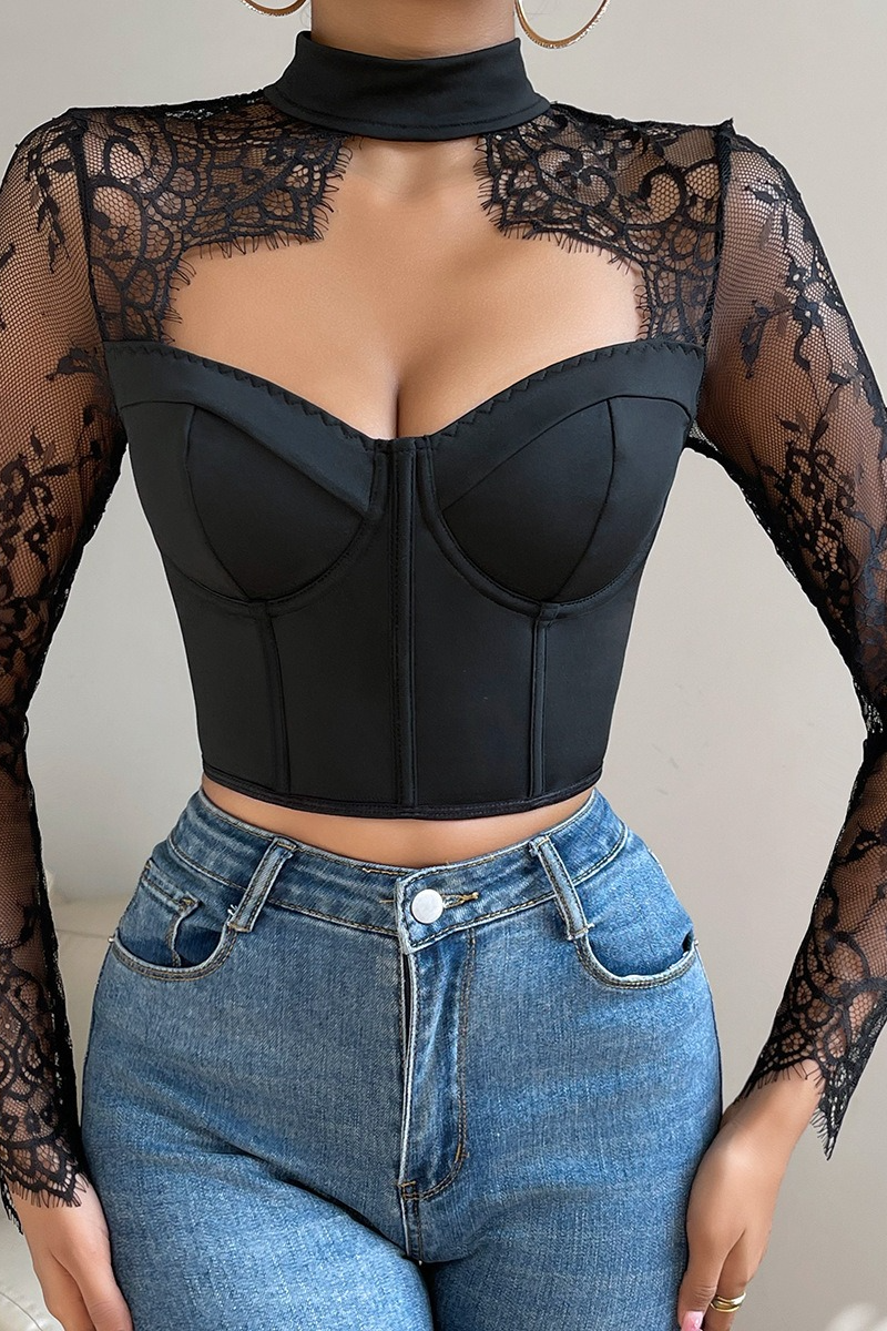 Slim Plunging Neck Lace Chic Long Sleeve Crop Top