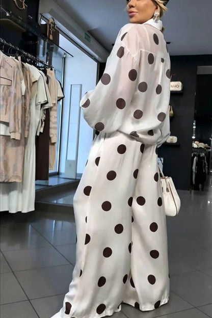 Grazia Polka Dot Sheer Long Balloon Sleeve Shirt and Elastic Waist Pocket Wide Leg Pants Set