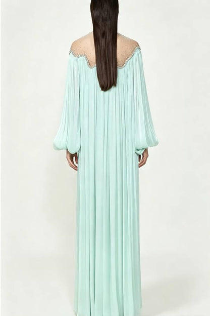 Eileen Georgette Sparkling Crystal Embroidery Detail Balloon Sleeve Kaftan Robe Maxi Dress