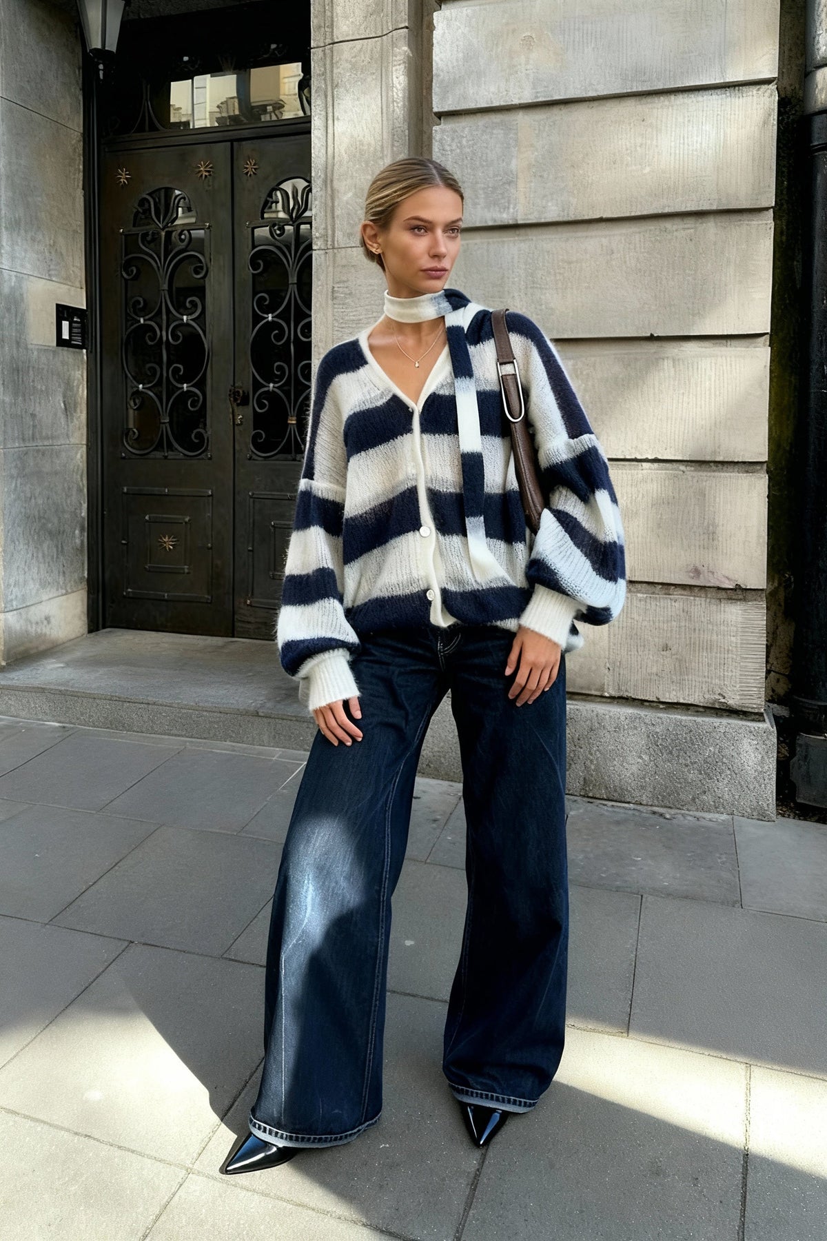 V-Neck Patchwork Knit Cardigan