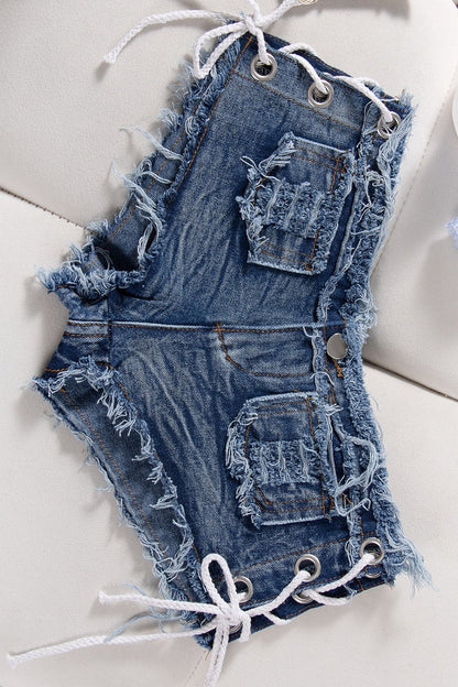 Low Rise Denim Drawstring Bodycon Casual Shorts