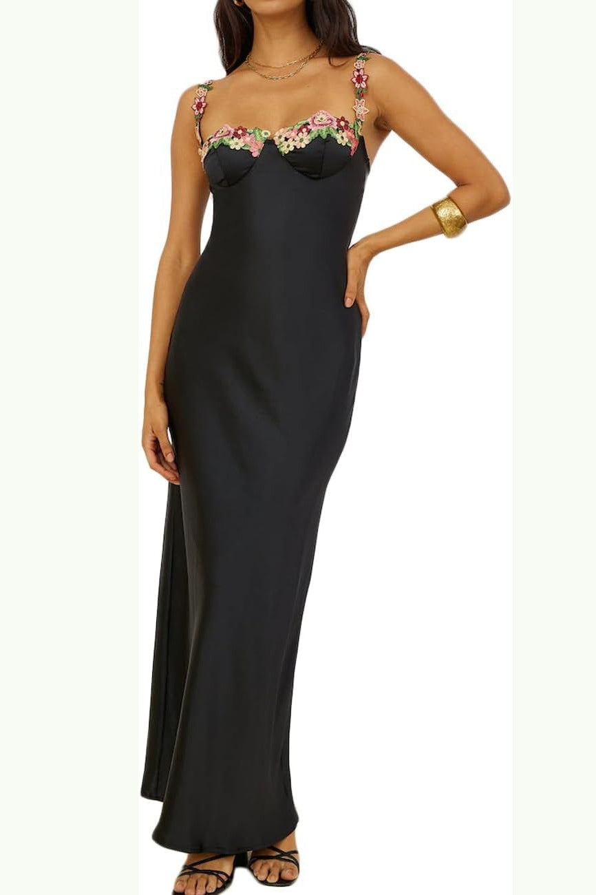 Bodycon Backless Satin Lace-Trim Cami Maxi Silk Dress