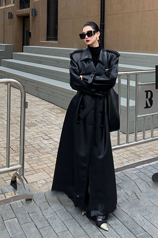 Layered PU Leather Waist-Cinching Long Overcoat