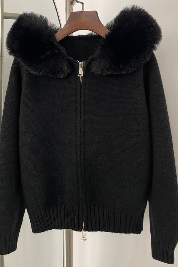 Fur-collar zip-up cardigan