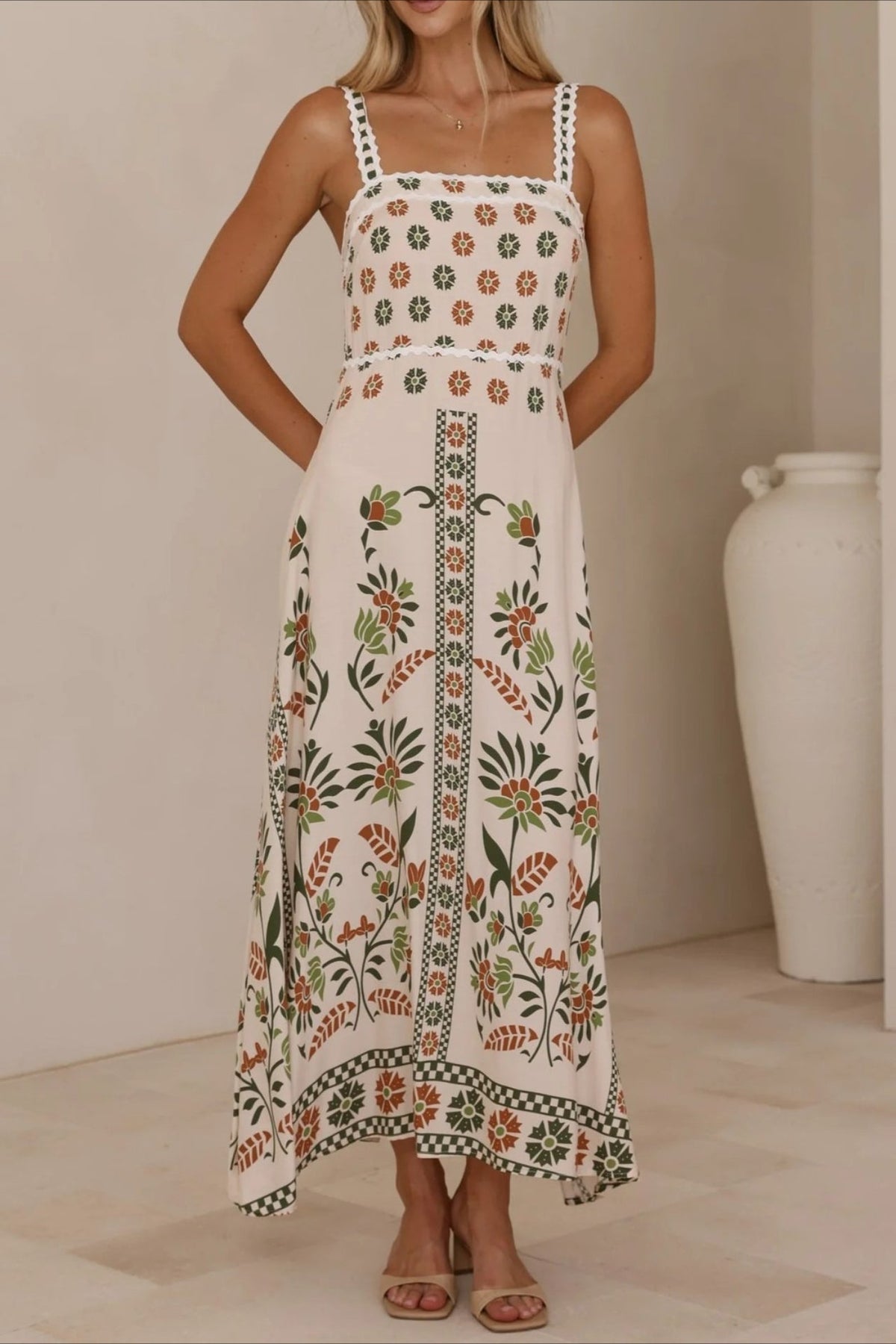 Linen Lace Trim Spaghetti Strap Boho Dress