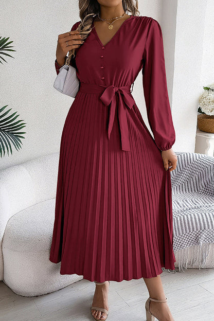 Deep V-Neck Bishop Sleeve Button Front Pleated Belted Midi Dress