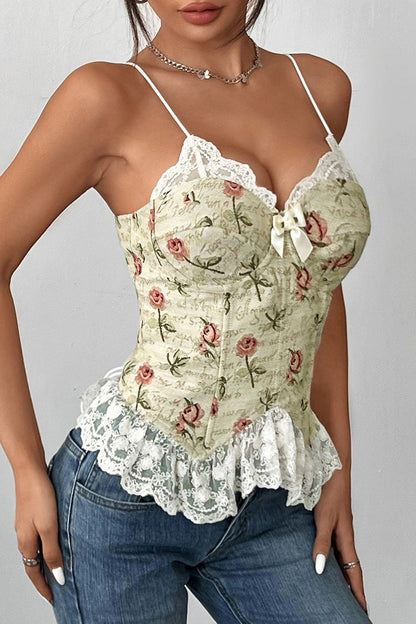 Lace Trim Patchwork Boned Corset Tank Top