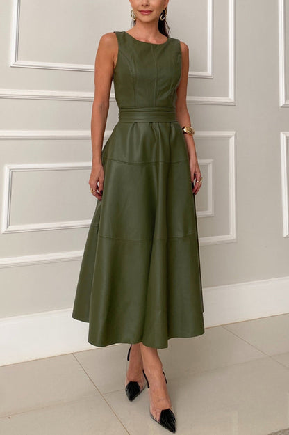 Faux Leather Princess Seam Waist Belt Tiered A-Line Midi Dress