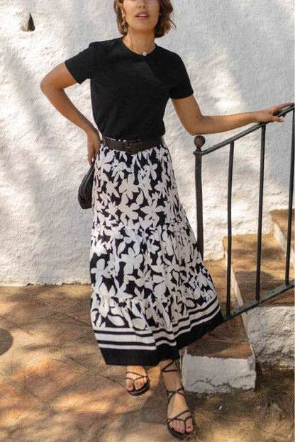Resort Style Botanical Print Elastic Waist Loose Stitching Midi Skirt