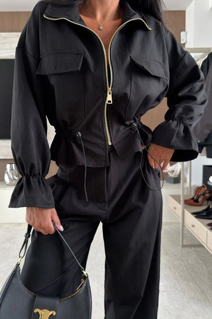 Trendy Workwear Style Drawstring Elastic Waist Long Sleeve Pocket Zipper Jacket