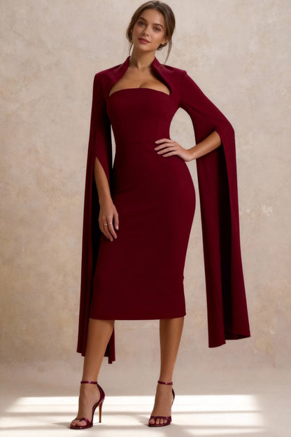 Cut Out Collar Square Neck Cape Sleeve Bodycon Midi Dress