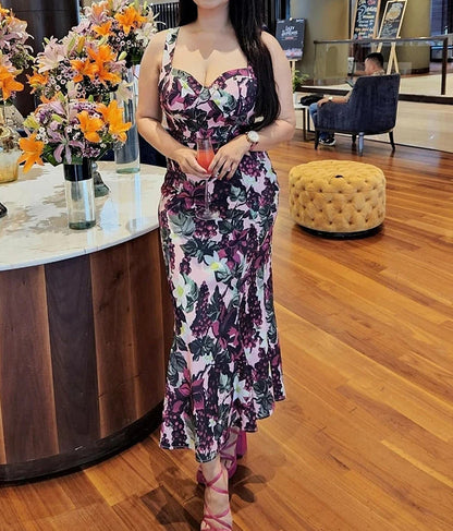 Grape Botanical Print Sweetheart Bustier Mermaid Hem Sleeveless Midi Dress