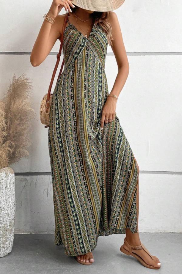 Bohemian Ethnic Print Spaghetti Strap Maxi Dress