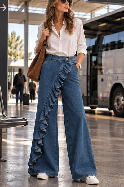 Uniquely Designed Denim Mid Rise Irregular Ruffles Pocket Wide Leg Jeans