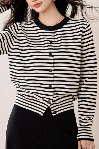 Black White Stripe Knit Cardigan