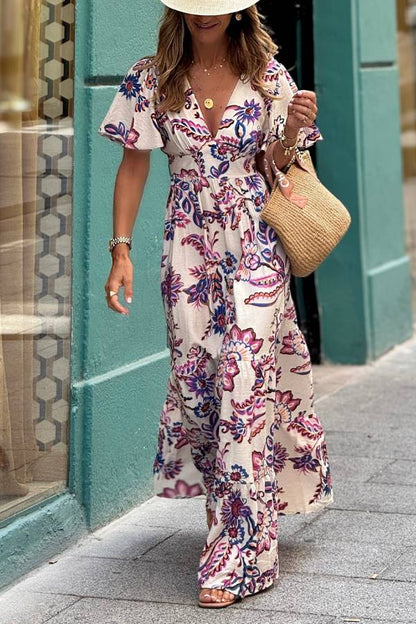 Bohemian Floral Print V-Neck Waist-Tiered Maxi Dress