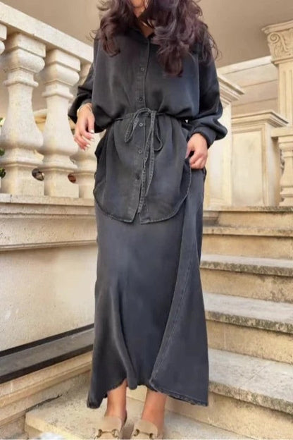 Long-sleeved Tie-Drawstring Shirt and Skirt Set