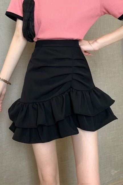 High Waist Pink Flounce Hem Asymmetrical Skirt