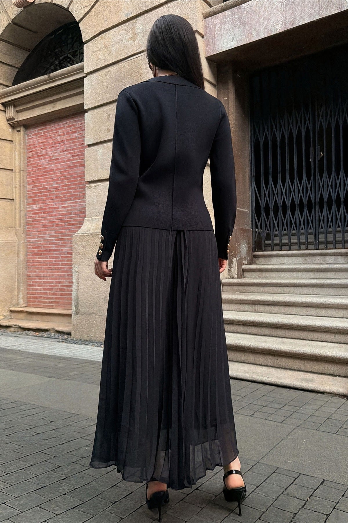 V Neck Double Breasted Knit Blazer Pleated Skirt Set