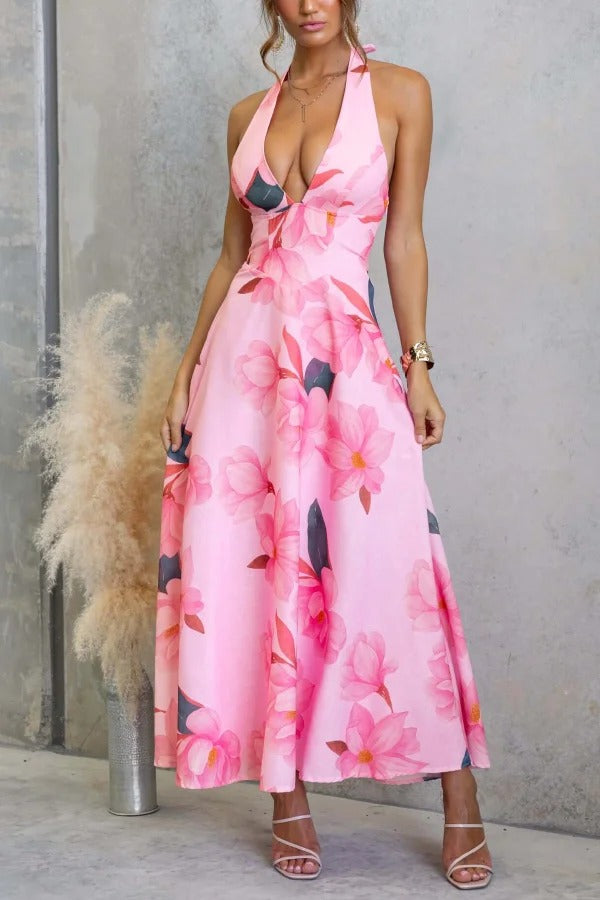 Floral Print V-neck Backless Tie-up Fitted Waist Elegant Maxi Dress