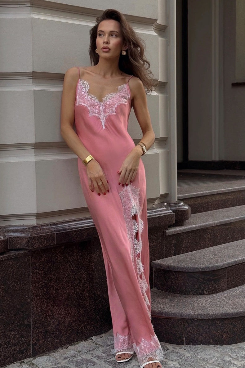 Lace Trim Cami Slit Bodycon Maxi Dress