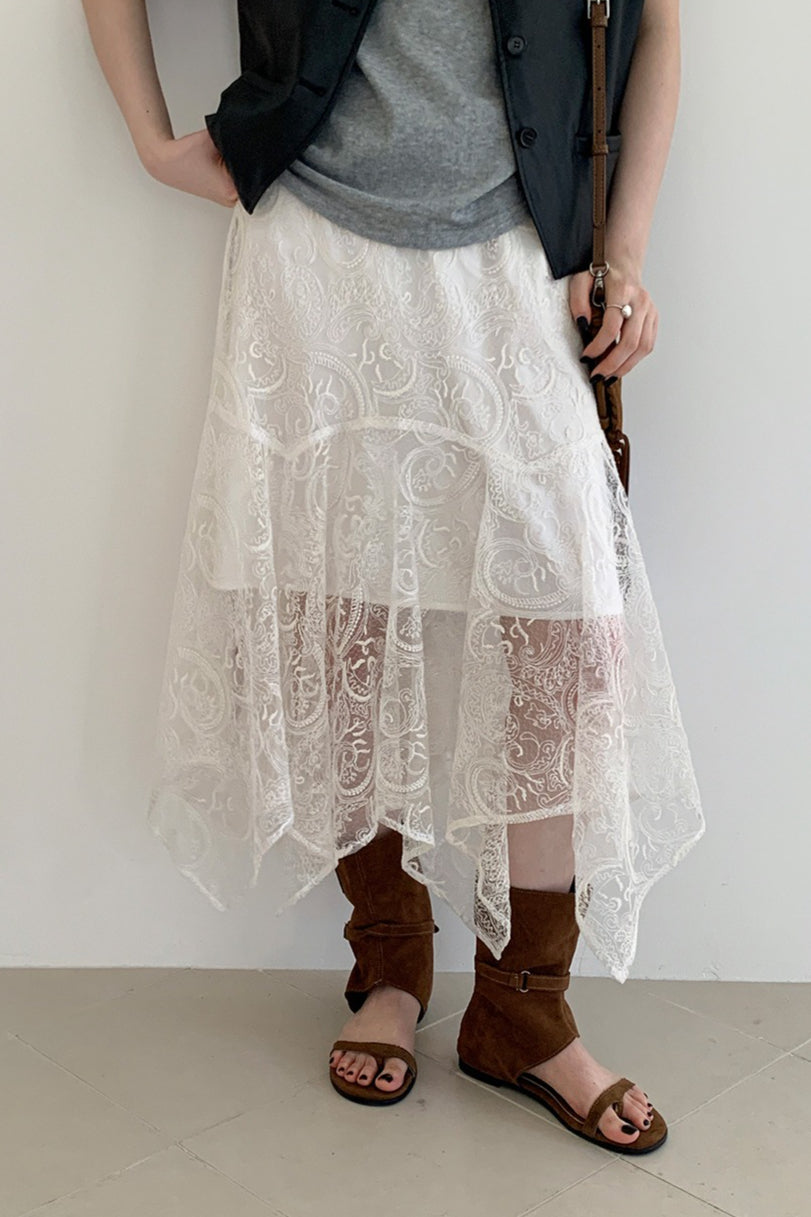 Vintage Asymmetrical Lace Midi Boho Skirt