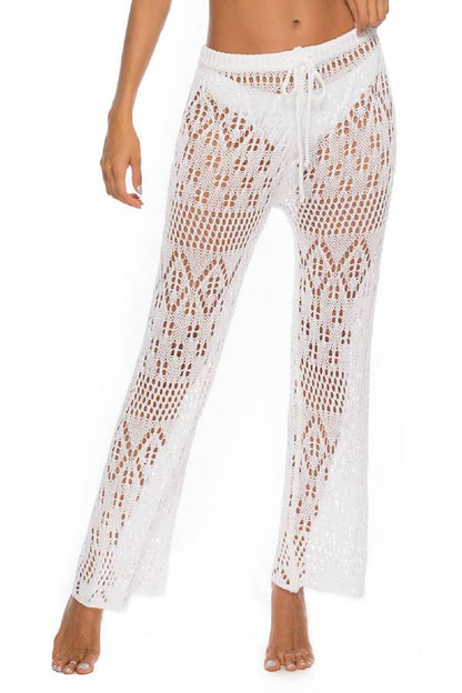 Multi-Color Hollow Crochet Drawstring Waist Wide Leg Beach Pants