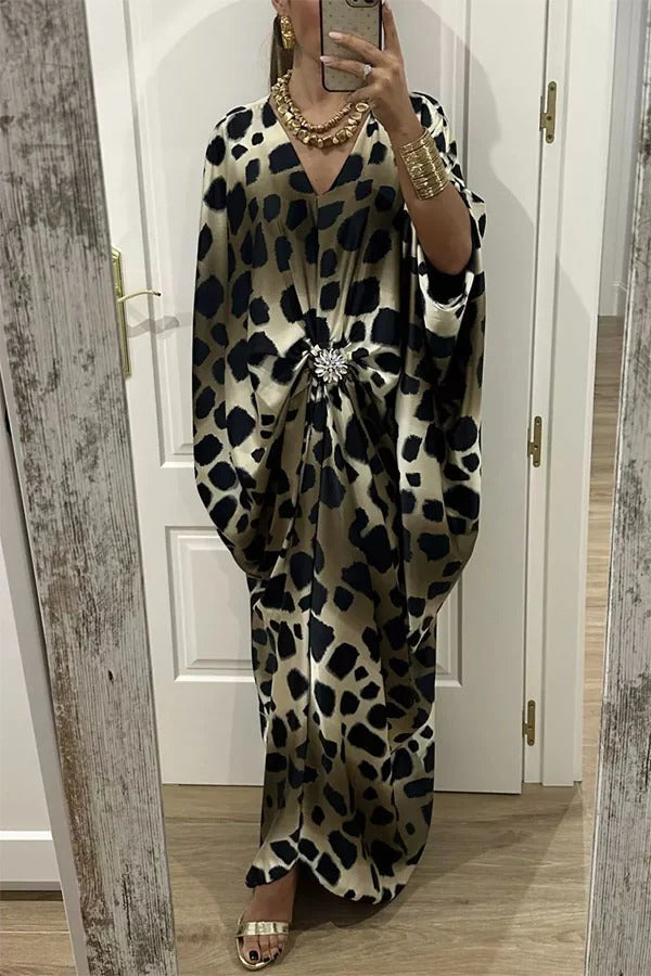 Airy Satin Unique Print V-neck Gemstone Embellished Drape Robe Maxi Dress
