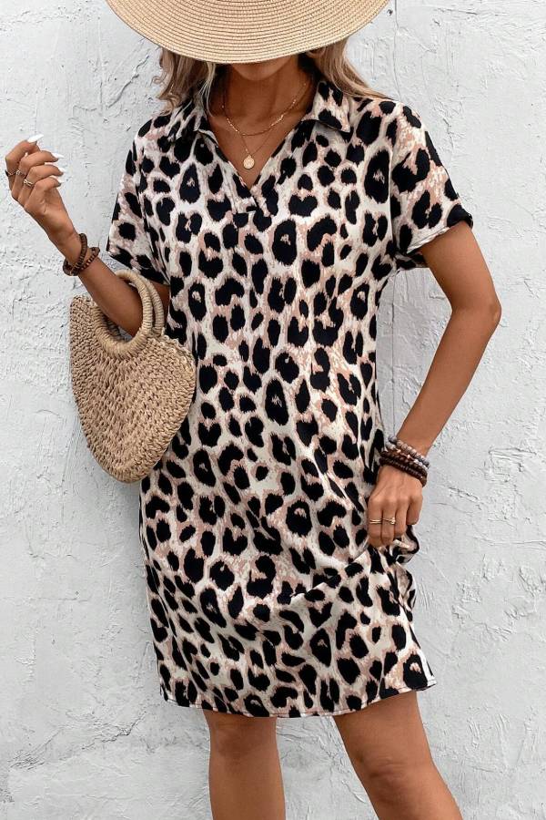 Collared V-Neck Leopard Print Short-Sleeve Straight Dress
