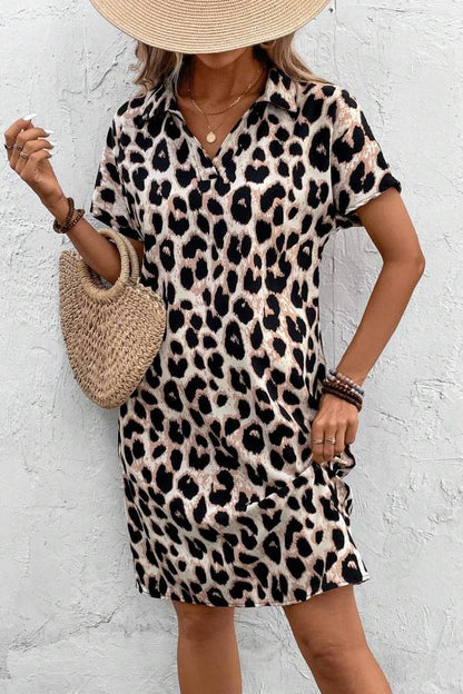 Collared V-Neck Leopard Print Short-Sleeve Straight Dress