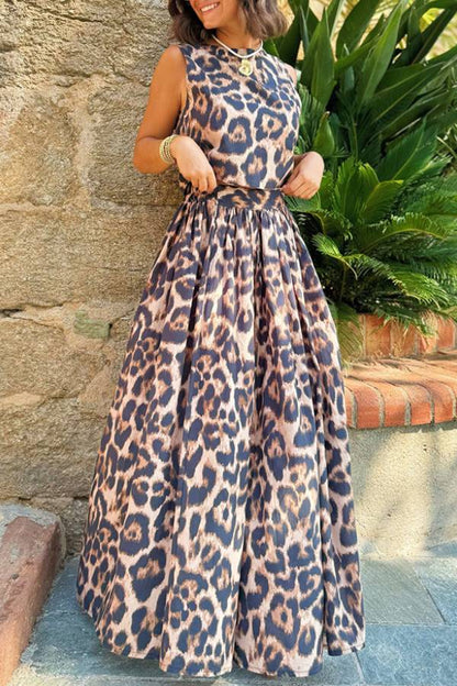 Leopard Print Sleeveless Crop Top & High-Waisted Maxi Skirt Two-Piece Set